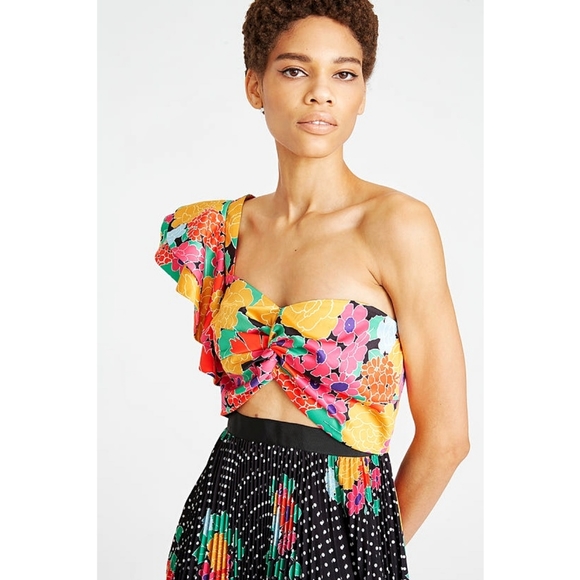 Amur Cleopatra Patchwork Floral Cut Out Pleated Ruffle Midi Dress - Picture 2 of 5